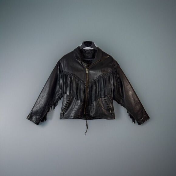 UNIK Women's Ultra Black Leather Fringe Biker Jacket L with Zip Out Liner 1980's - Picture 1 of 16